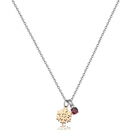 SAGAPO - COLLEZIONE JOYFUL - COLLANA IN ACCIAIO CON PENDENTE FIOCCO DI NEVE IN PVD ORO 14K E ZIRCONE ROSSO