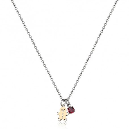 SAGAPO - COLLEZIONE JOYFUL - COLLANA IN ACCIAIO CON PENDENTE A FORMA DI OMINO DI PAN ZENZERO IN PVD ORO 14K E ZIRCONE ROSSO