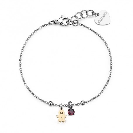 SAGAPO - COLLEZIONE JOYFUL - BRACCIALE IN ACCIAIO CON PENDENTE OMINO DI PAN DI ZENZERO IN PVD ORO 14K E ZIRCONE ROSSO