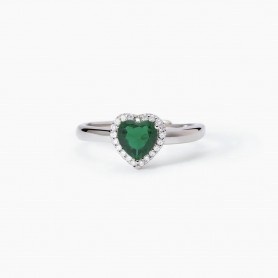 MABINA - COLLEZIONE LOVE AFFAIR - ANELLO IN ARGENTO CON SMERALDO SINTETICO A CUORE E ZIRCONI