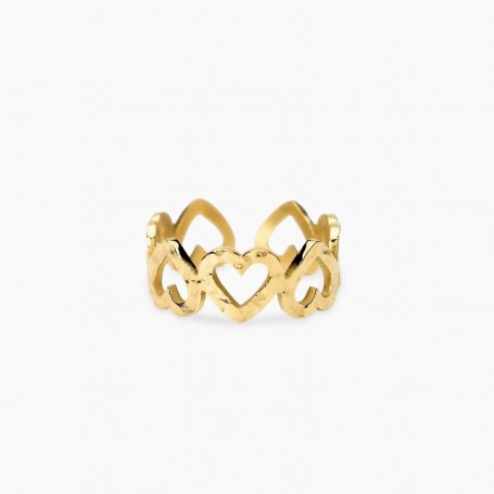 KIDULT - COLLEZIONE STYLE 103 - ANELLO APERTO IN ACCIAIO DORATO CON CUORI MARTELLATI