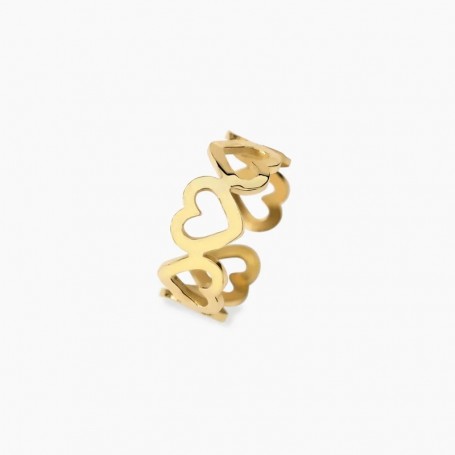 KIDULT - COLLEZIONE STYLE 103 - ANELLO APERTO IN ACCIAIO DORATO CON CUORI MARTELLATI