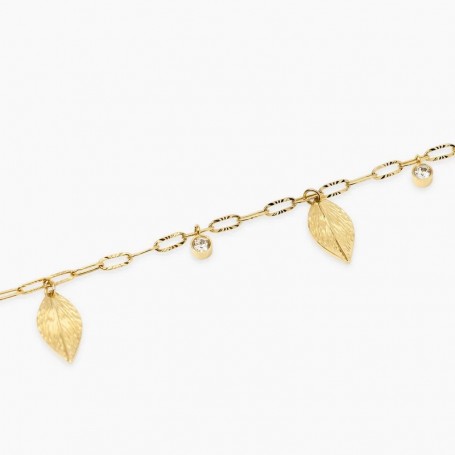 KIDULT - COLLEZIONE STYLE 91 - BRACCIALE IN ACCIAIO DORATO CON CATENA MARTELLATA E CIONDOLI FOGLIA
