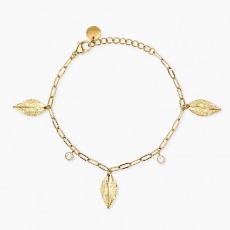 KIDULT - COLLEZIONE STYLE 91 - BRACCIALE IN ACCIAIO DORATO CON CATENA MARTELLATA E CIONDOLI FOGLIA