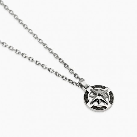 KIDULT - COLLEZIONE STYLE 41 - COLLANA CON CIONDOLO ROSA DEI VENTI IN ACCIAIO E NERO