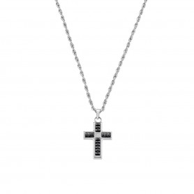 AMEN - COLLANA ACCIAIO CROCE CON ZIRCONI NERI BAGUETTE