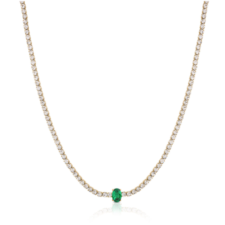 OPS - COLLEZIONE GLIMMER - COLLANA TENNIS DORATA CON ZIRCONI BIANCHI E UNO CENTRALE OVALE SMERALDO