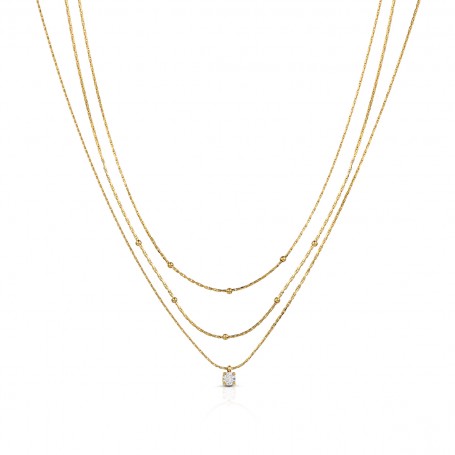 OPS - COLLEZIONE MULTI LINE - COLLANA CON 3 FILI IN ACCIAIO DORATO E CRISTALLO BIANCO