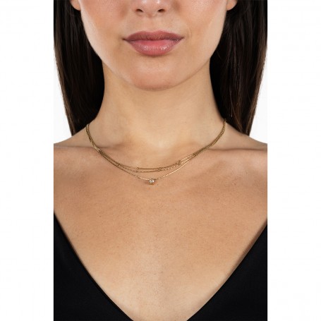 OPS - COLLEZIONE MULTI LINE - COLLANA CON 3 FILI IN ACCIAIO DORATO E CRISTALLO BIANCO