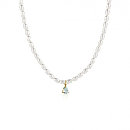 OPS - COLLEZIONE PURE PEARL - COLLANA PERLE BIANCHE PENDENTE CON CRISTALLO ACQUAMARINA